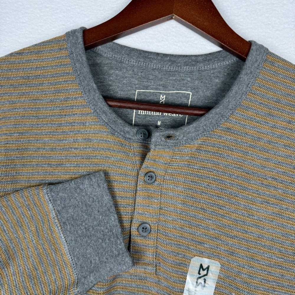 NEW Mutual Weave Henley Shirt Mens M Gray Brown Stripe Long Sleeve Cotton Blend